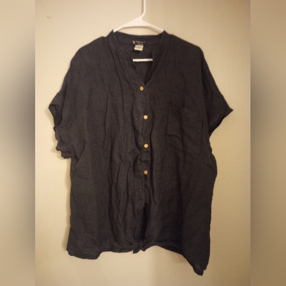 Bella Amore Women's Short Sleeve Button Down With Tie Front 100 % Linen Shirt - Picture 1 of 5